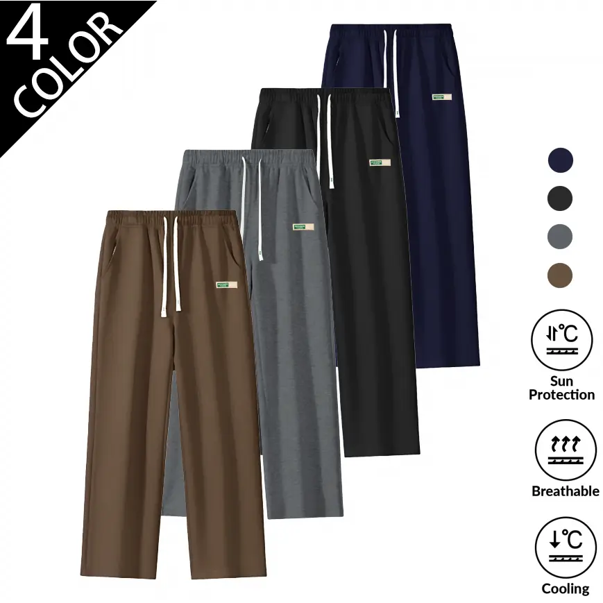 2026 Autumn Menswear Straight Wide Leg Baggy Pants - Stylish Plain Streetwear, Cooling Breathable Sun Protection Lightweight Soft Trousers, Elastic Drawstring Loose Plus Size Sweatpants for Outdoor Travel Commute