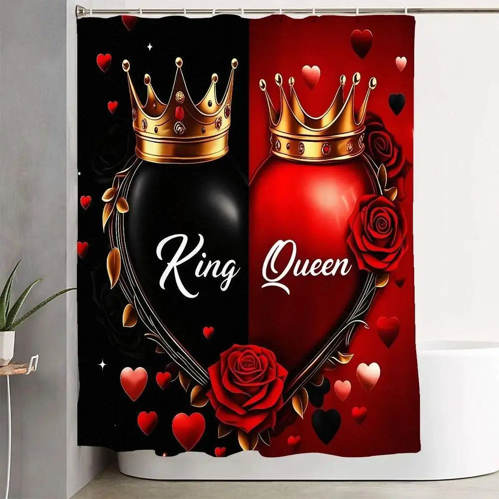 Royal King & Queen Shower Curtain Set, 4-Piece Red and Black Polyester Bathroom Decor with Crown Heart Pattern, Includes Toilet Cover & 2 Mats, Shower Curtains