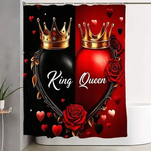 1/4pcs Royal King Queen Bathroom Set - Red Black Shower Curtain Sets with Crown Heart, Matching Toilet Seat Cover & 2 Floor Mats, Gold Rose Star Accents, Perfect for Anniversary, Wedding, Valentine's Day, Royal Themed Home Decor