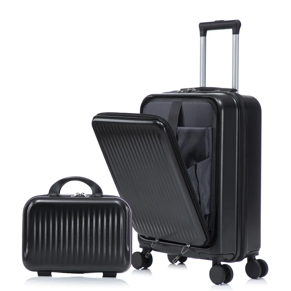 2-Piece ABS Hardside Spinner Luggage Set, 20" Suitcase with Front Opening & 14" Cosmetic Case, 3-Step Telescopic Handle, Combination Lock, Lightweight Carry-On for Travel, Black
