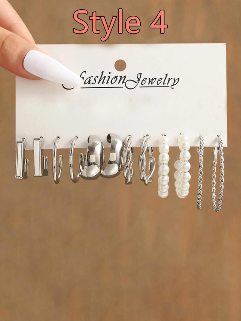 Faux Pearl Decorated Geometric Design Hoop Earrings, Summer Outfits 2024 Matching Earrings Set, Jewelry Accessories for Women & Girls, Fashionable Jewelry Accessories