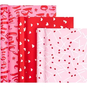 Valentine's Day Wrapping Paper Roll - Mini Roll - 3 Rolls - 17 Inch X 120 Inch Per Roll - Pink and Red Sweet Design for Wedding, Baby Shower and Birthday