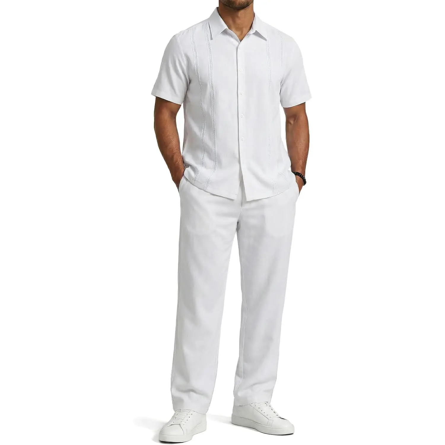 Mens Casual Cuban Collar Button Down Shirt 2 Piece Set Loose Pants Summer Beach Vacation Outfits