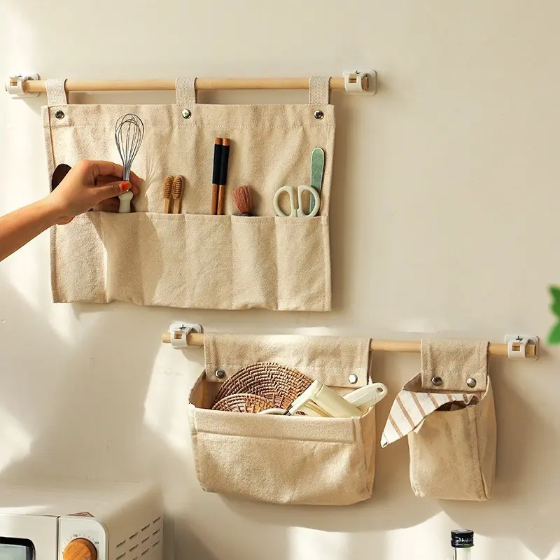 Fabric Wall Hanging Storage Organizer for Kitchen Sundries, Punch-Free Over Door Hanging Pocket Bag for Household Small Items