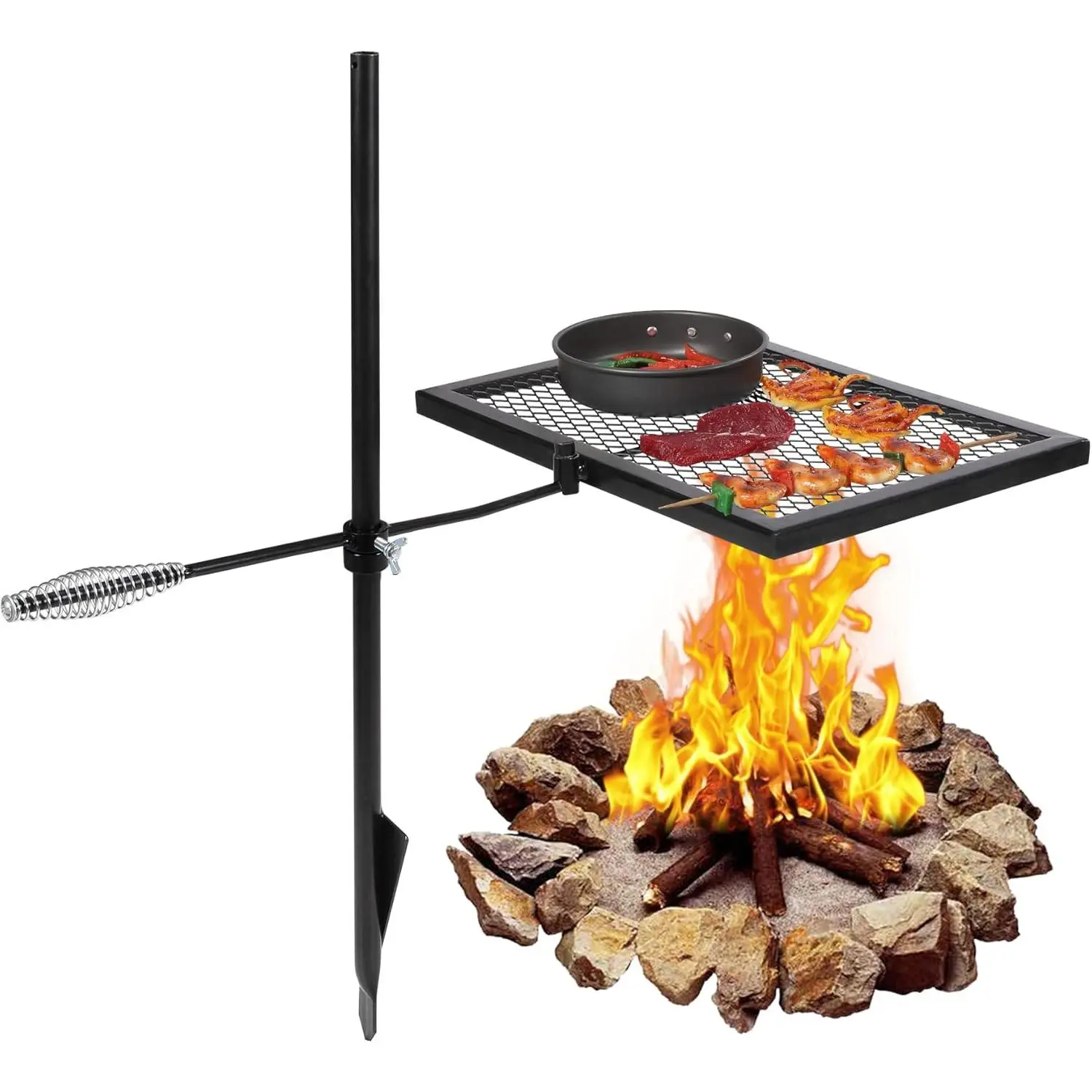 Swivel Campfire Grill - Heavy Duty Steel Rectangular Grid Pattern Grate, Outdoor Cooking Equipment Single Unit Over Fire Camp Grill with Carrying Bag, Open Flame, Iron Folded Grill