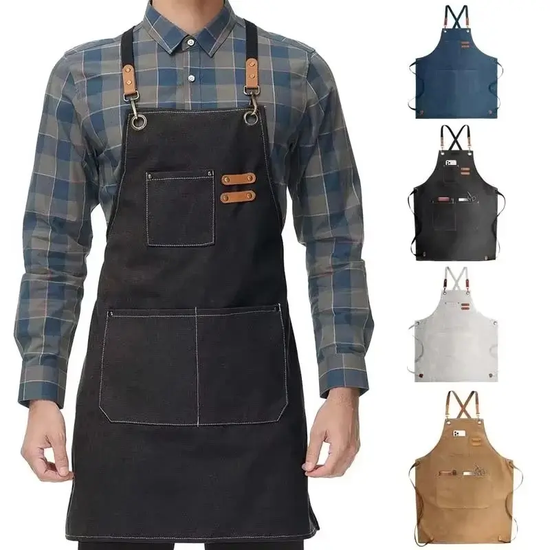 Chef Aprons for Men Women, Large Pockets Canvas Cross Back, Adjustable Work Apron, Kitchen Cooking Apron, Durable Kitchen Apparel