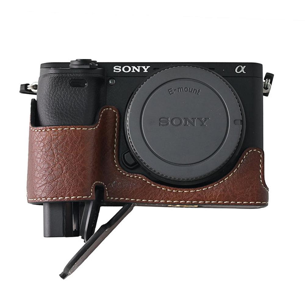 Litchi Pattern PU Leather Camera Half Case for Sony A6300 A6400 A6000 A6100 Bottom Opening Magnetic Cover With Strap