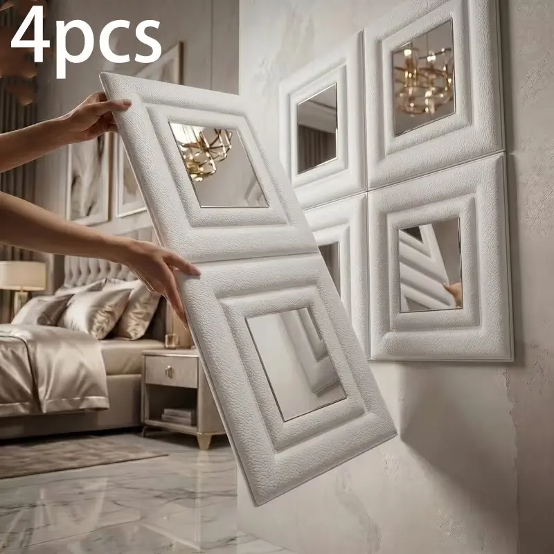 4pcs Soft Wall Decor Stickers, 3D Leather Self-Adhesive Bed Headboard Panels, Anti-Collision Soundproof Waterproof, DIY No Drilling Removable Wall Trim