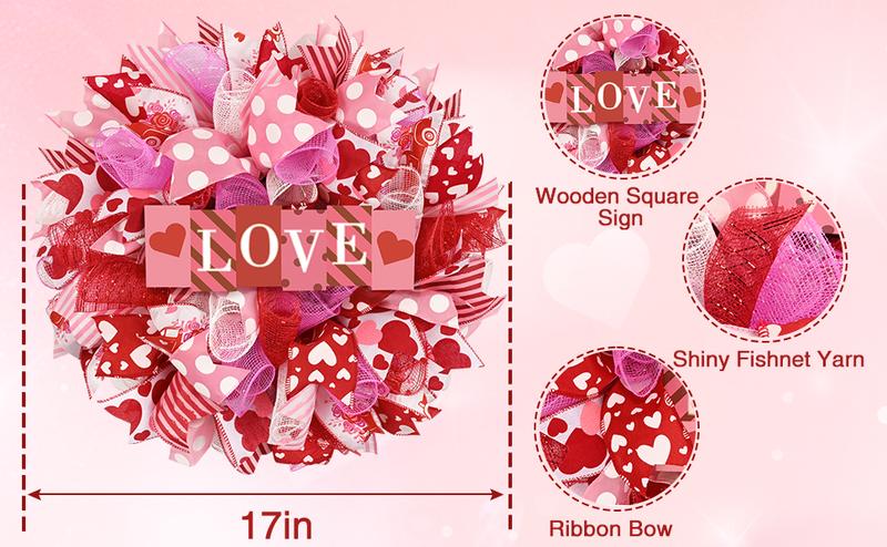 Waipfaru 17 Inch Valentines Day Mesh Wreath,Valentines Wreaths for Front Door with Love Wooden Sign Fishnet Yarn, Valentines Day Wedding Decorations for Indoor and Outdoor