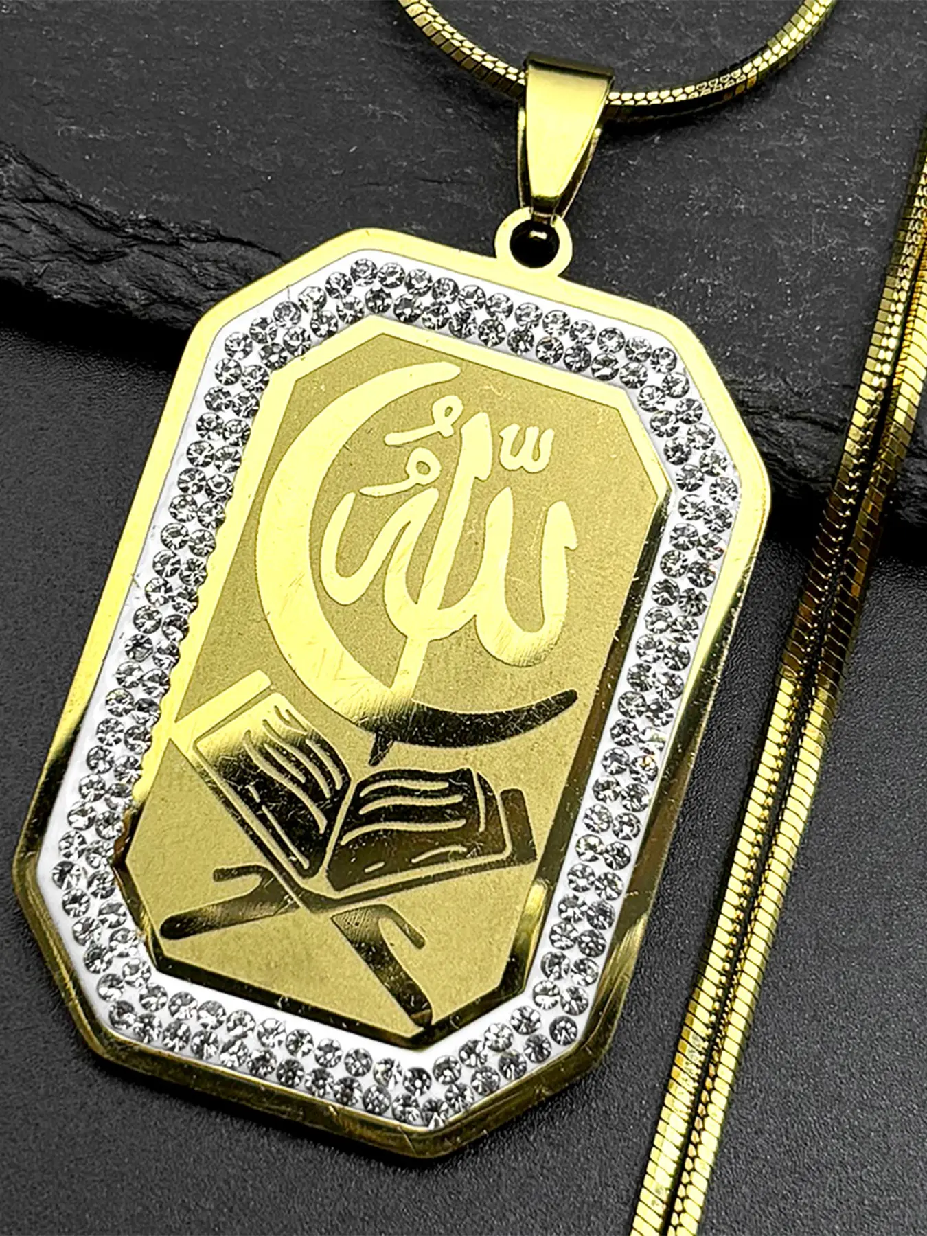 Islamic Quran Allah Crescent Moon Pendant Necklace for Women Men Stainless Steel Gold Color Rhinestones Muslim Chain