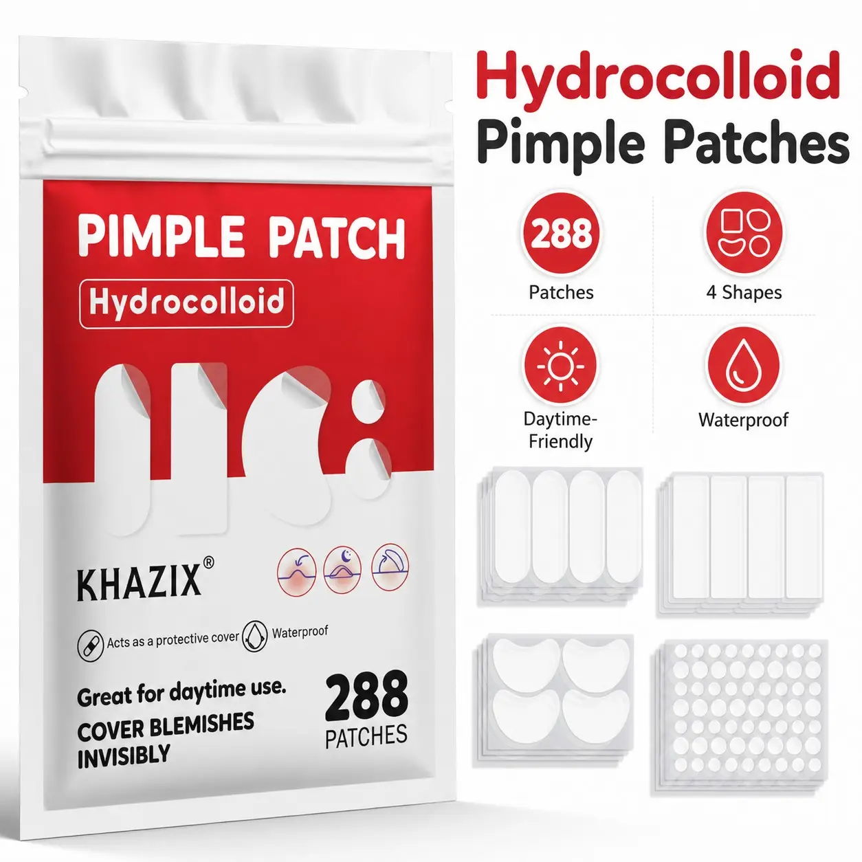 288pcs Large Transparent Acne Patches, Hydrocolloid, Perfect Fit, Instant Coverage, Covers Blemishes, Acne, Pimples, Scars, Invisible, All Skin Types
