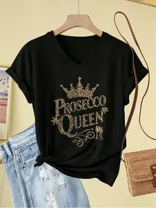 Women's V Neck T-Shirt, Prosecco Queen & Champagne Print, Short Sleeve Casual Top, Party Wedding Italian Theme, Leopard Pattern