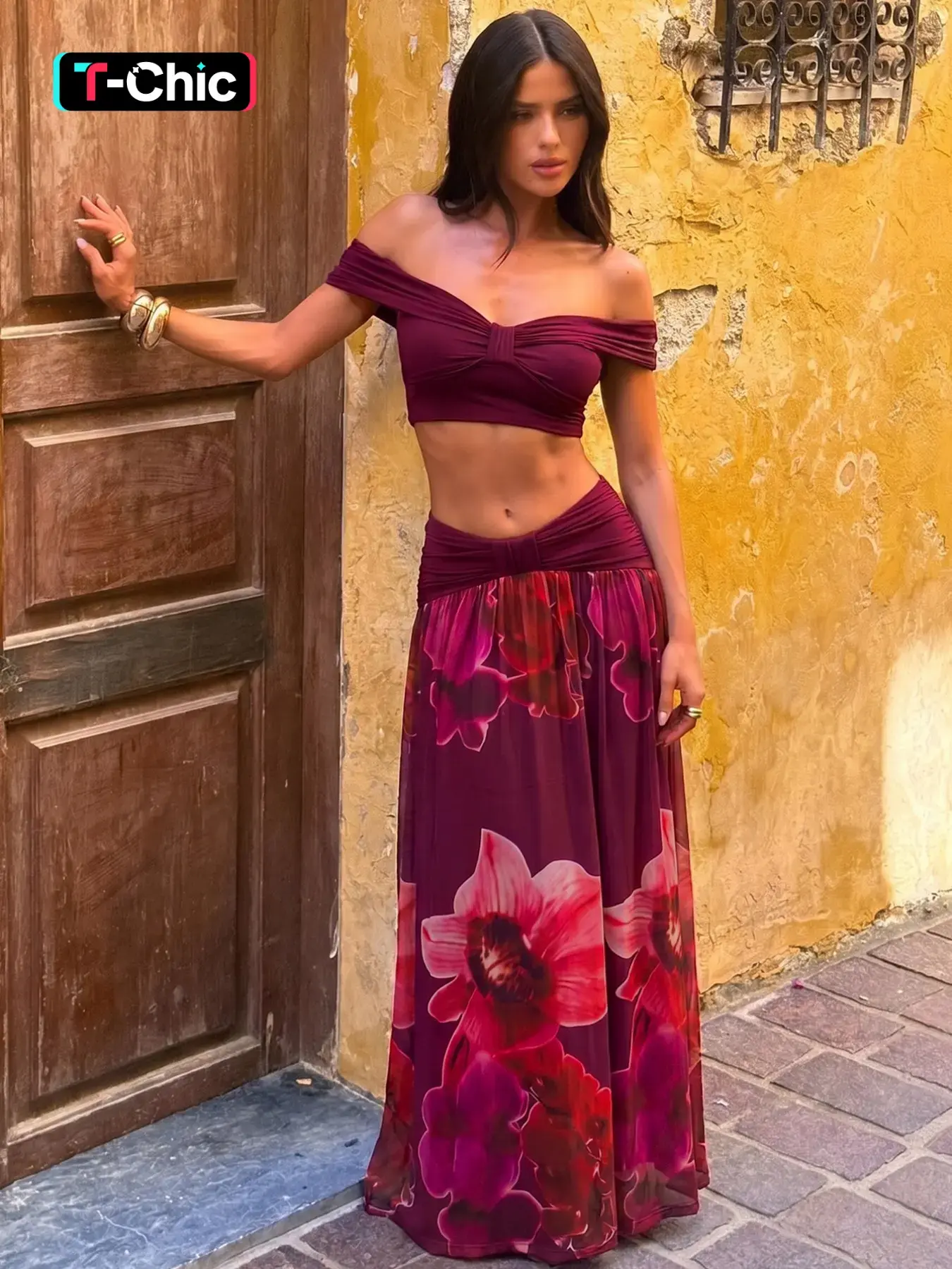 Women's Two-piece Set, Boho, Solid Color Bow Ruched Sleeveless Strapless Short Tube Top & Bodycon Floral Print Contrast Mesh Pleated Skirt Sets, Sexy Backless Cropped Tops with Long Skirts Suit, Ladies Party Club Date Holiday Daily Casual Summer Outfits