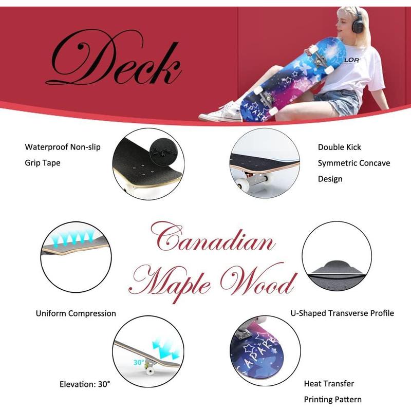Skateboards for Beginners Adults Youths Teens Kids Girls Boys 31 Inch Pro Complete Skate Boards 7 Layer Canadian Maple Double Kick Concave Longboards