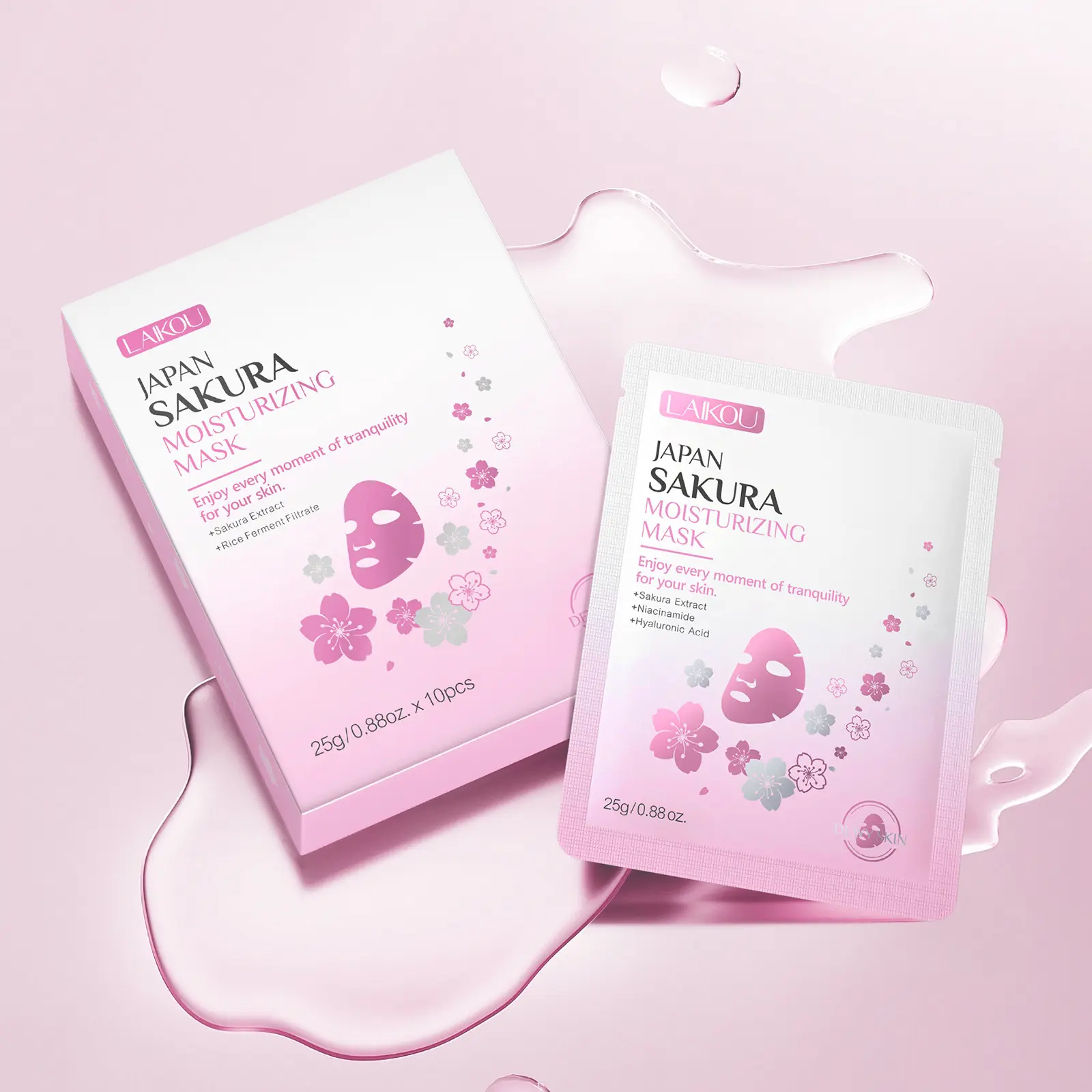 LAIKOU Cherry Blossom Moisturizing Face Mask 10Pcs, Sakura Extract Infused Sheet Mask, Replenish Water Soothe Dry Skin, Improve Dull Complexion, Gentle Daily Hydrating Skincare Mask