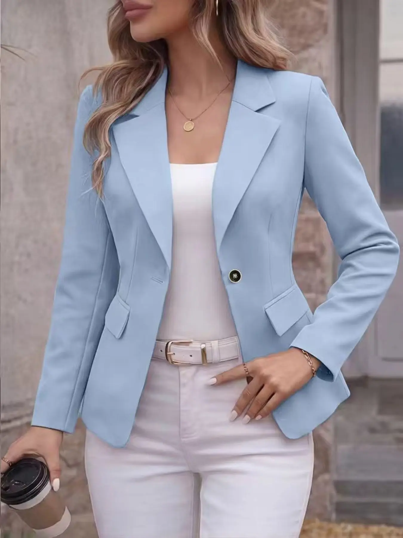 Women's Light Blue Solid Color Minimalist Chic Slim Fit Single Button Blazer, Work Office Clothes Office Wear Slimming Elegant Professional Small Suit Jacket Nk-Wry-7217