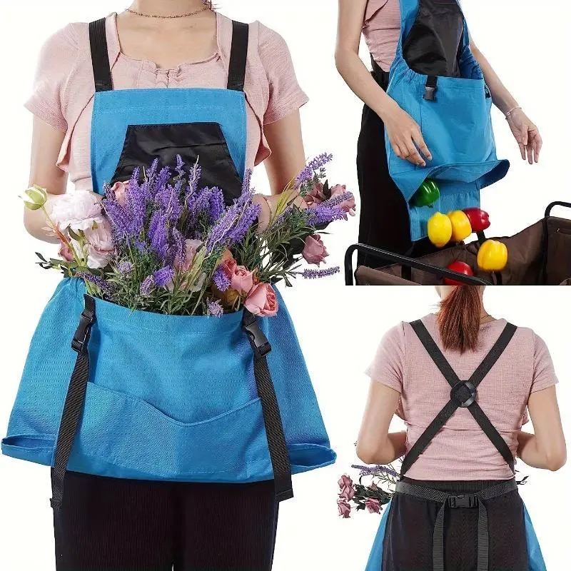 Large Pocket Garden Harvest Apron with Quick Release Pouch, Multipurpose Fruit Picking Backpack Apron, Durable Outdoor Gardening Tool Apron for Vegetable Berry Harvesting