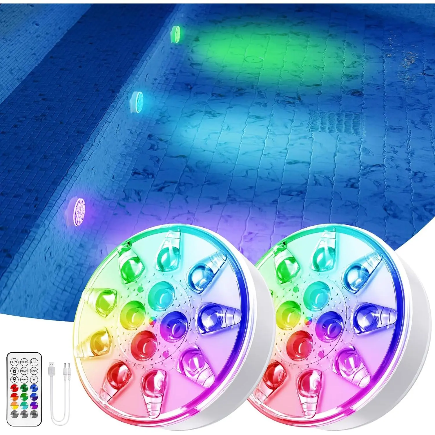 Pool Lights 2 Pack - Rechargeable Submersible LED Pool Lights with Remote, IP68 Waterproof Pool Decor Light for Inground & Above Ground Pools, Parties, Hot Tubs, Vase Bases