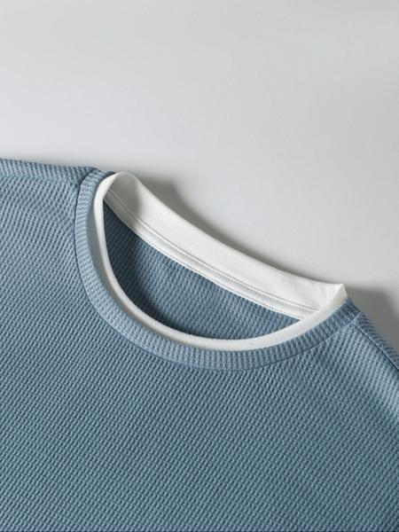 Men's Autumn Winter Long Sleeve Waffle Knit Crewneck T-Shirt, Casual Fitted Plain Top, Regular Fit Bottom Layer, Comfortable Daily Wear