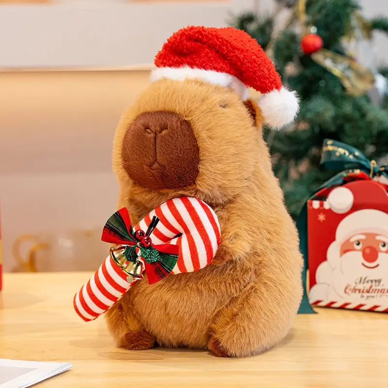 Cute Christmas Capybara Plush Toy with Santa Hat & Candy Cane – 9-Inch Soft Stuffed Animal for Kids, Holiday Decor & Gift