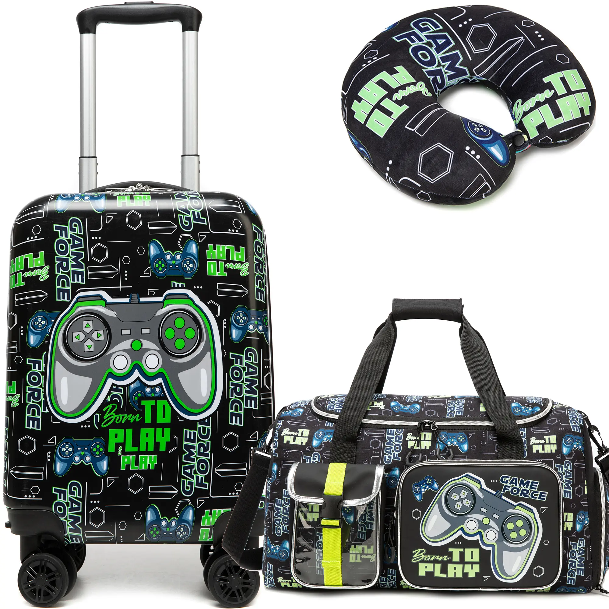 Boys Cool Gamer Video Game Hardshell Luggage 3 Pcs Set | Neon Green Controller Rolling Suitcase with Duffel & Travel Neck Pillow | Kids Carry On 2026