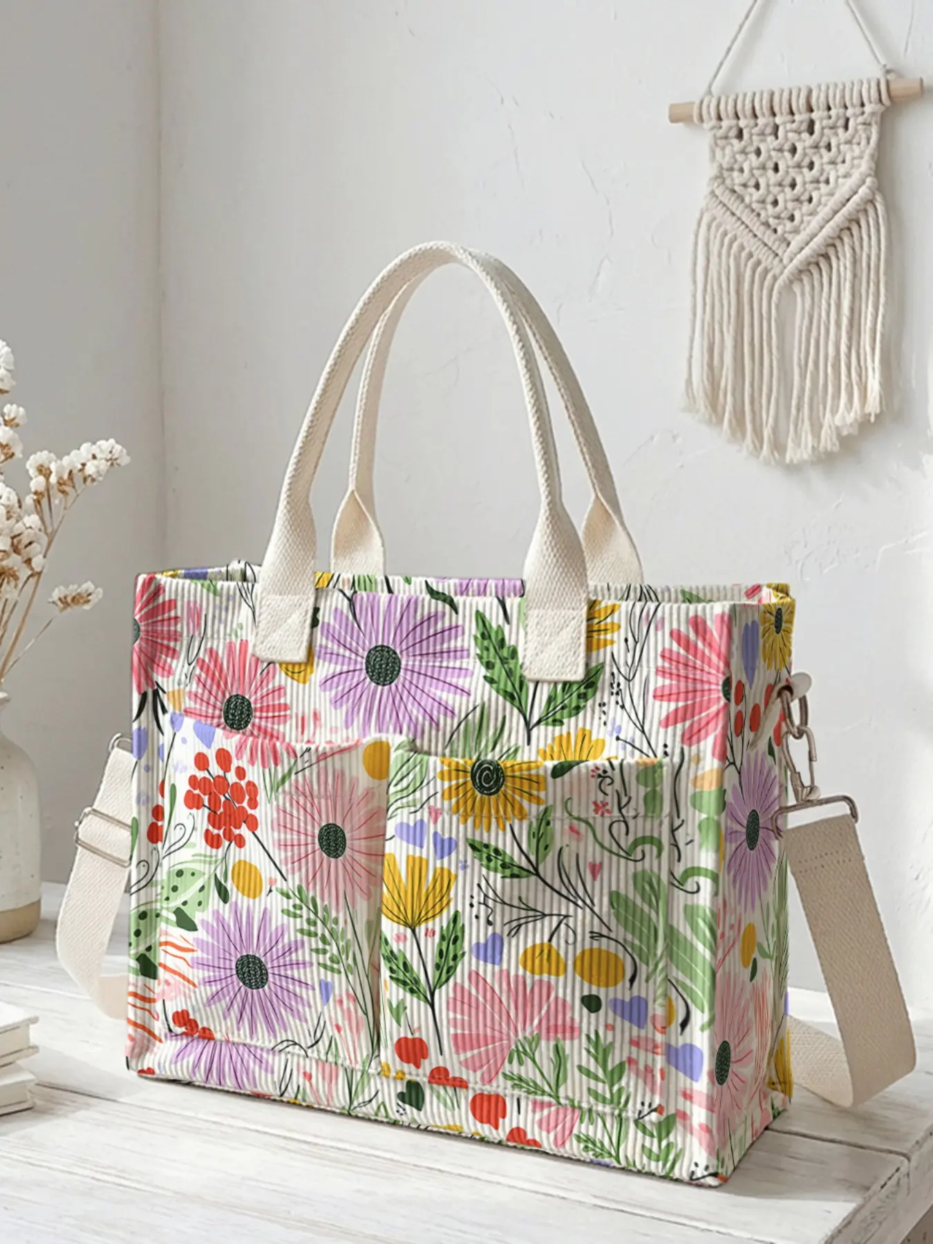 Clear Hand-Drawn Multicolor Daisy Raspberry Leaf Pattern 2D Print, Large Capacity Durable Crossbody Shoulder Handbag, Multi-Pocket Design Floral Print Purse