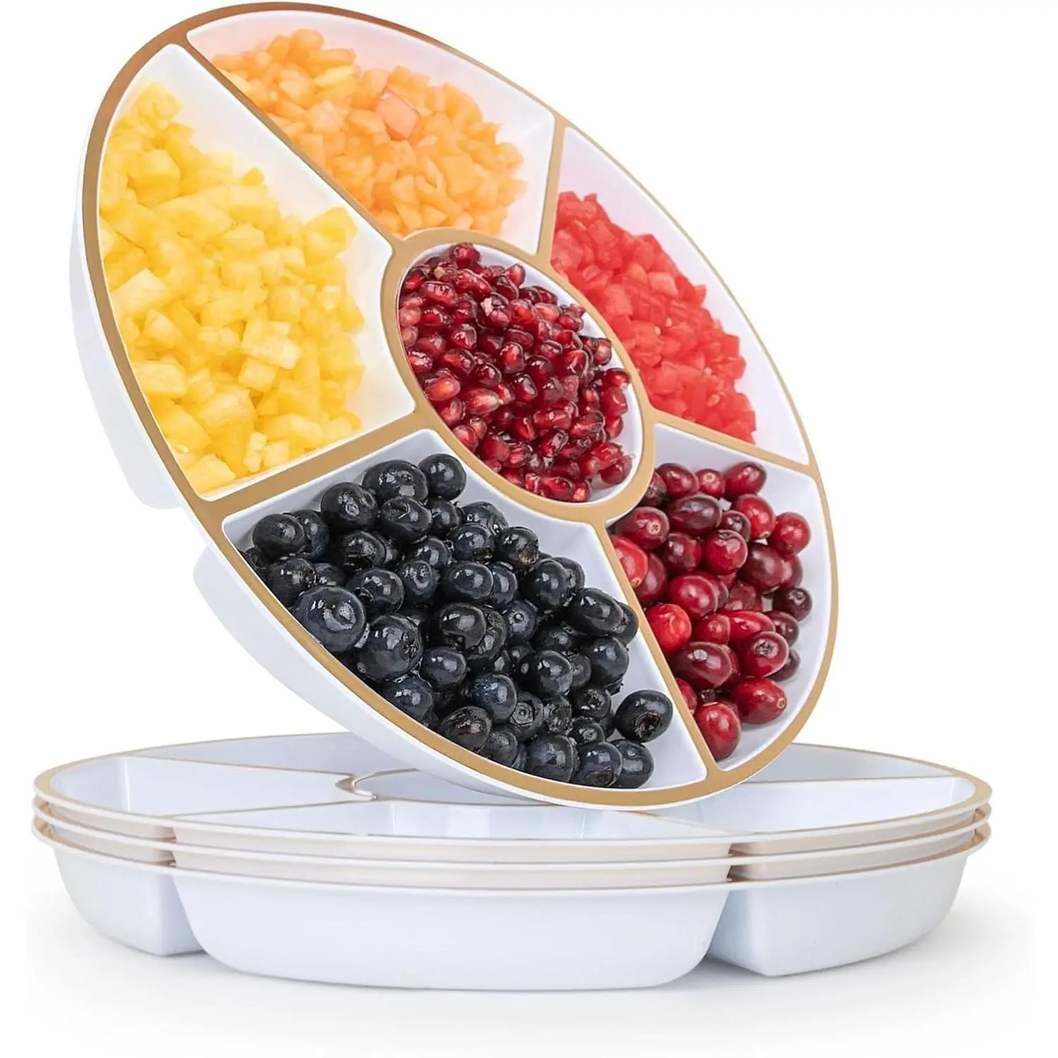 4 Pack 6 Sectional White Plastic Gold Rim Serving Trays For Party - Heavy Duty 12 Inch Food Serving Platters