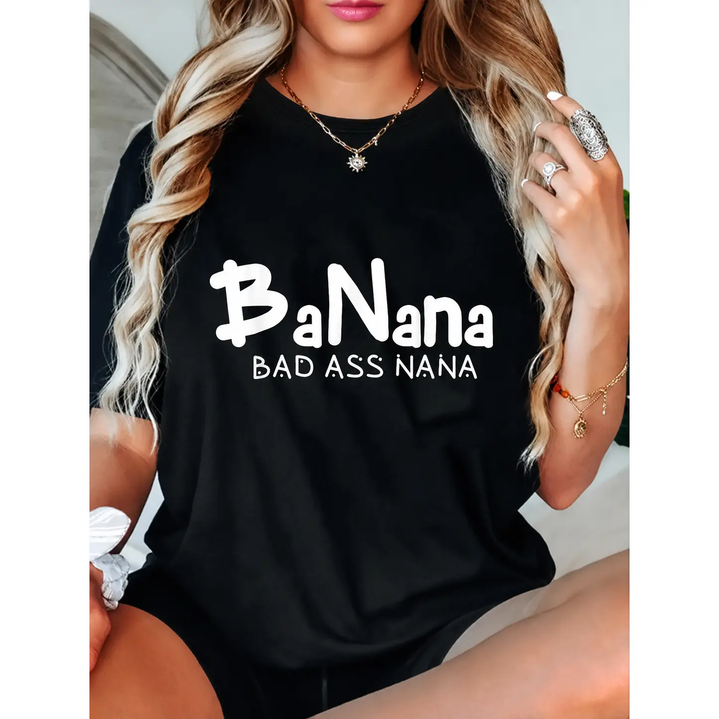 Bad Ass Nana Funny Graphic T-Shirt, Women's Casual Everyday Shortsleeve Round Neck Top, 100% Cotton Gift for Grandma, Fabric, Printed, Outdoor, Comfortable, Graphic Print, Soft Cotton