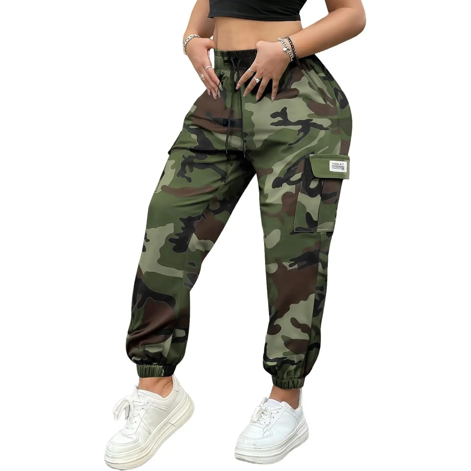 Women's Full Length Camo Pattern Nylon Blend Cargo Joggers - Lightweight, Quick-Dry, Breathable Utility Trousers with High Elastic Waist, Multiple Pockets, Tapered Design for Female Running, Casual Wear, Outdoor Hike, Tapered Fit