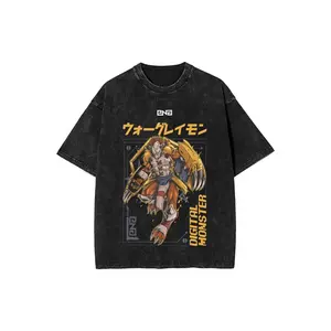 Vintage Distressed Washed T-Shirt Men Wargreymon Digital Monster Digimon Orange Armor Anime Kanji Vertical Text Tech Frame Graphic Oversized Crew Neck Tee For Digimon Anime Fans Daily Street Outfits