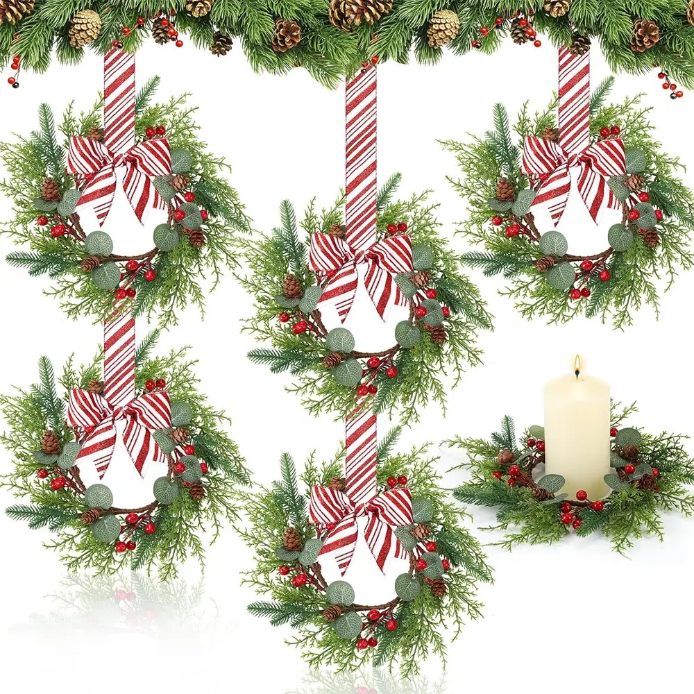 6-Pack Mini Christmas Wreaths, Bright Candy Vine with Bow, Pineberry Christmas Decorations for Home Windows Doors