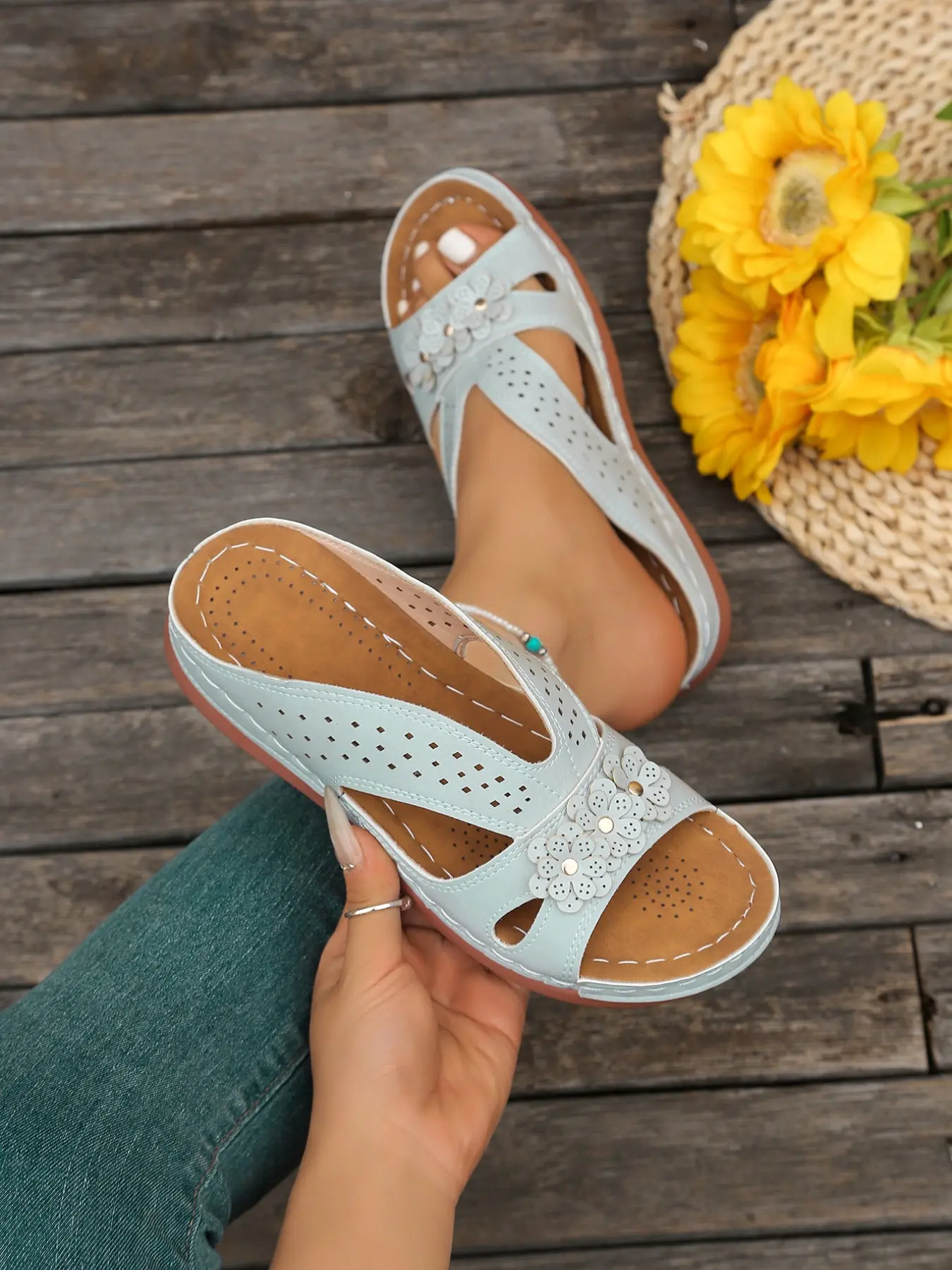 Women's Summer Wedge Sandals, Upper Hollow Out Breathable Lightweight Comfort Casual Shoes, Blue Colors