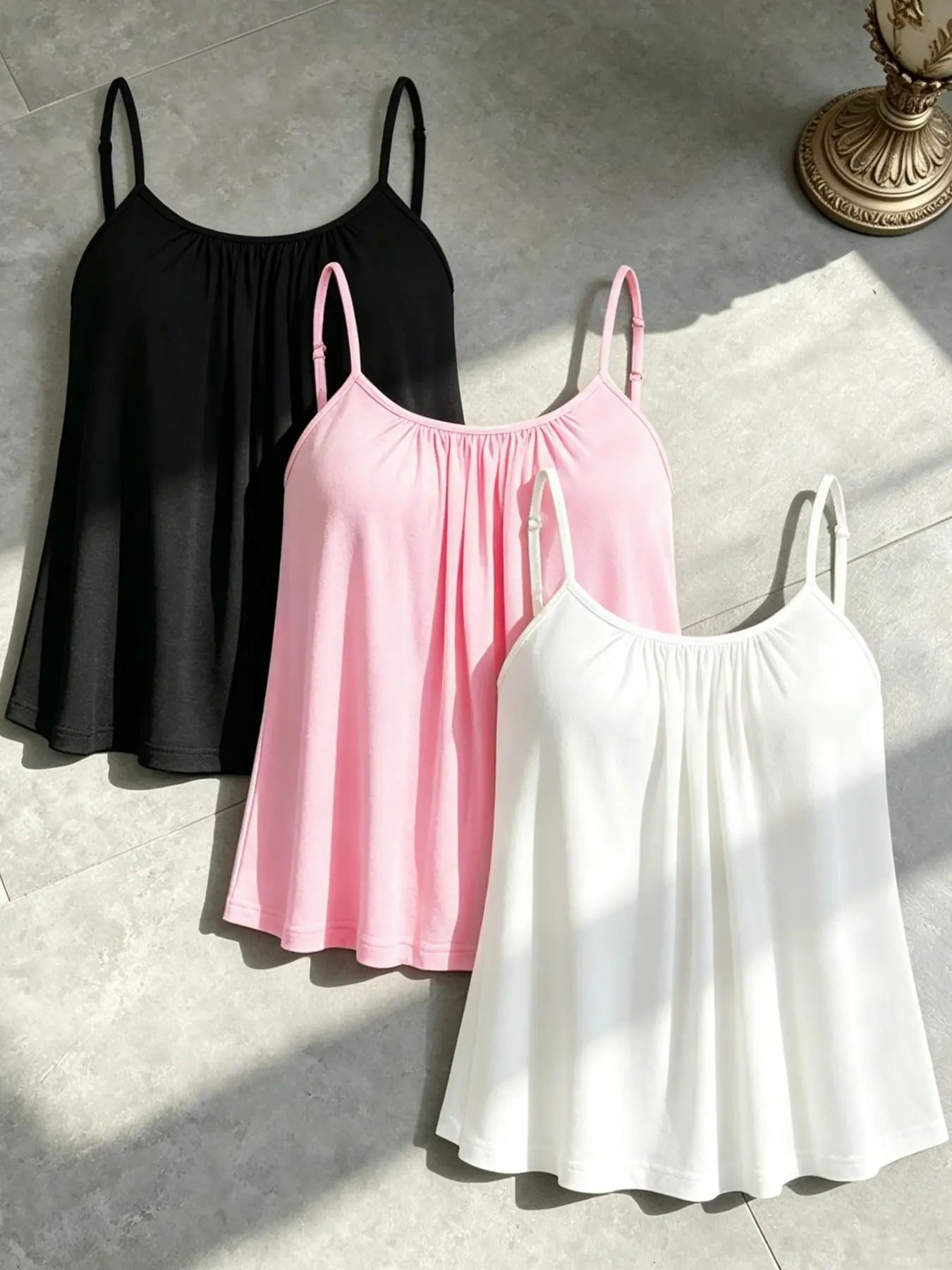 Summer Casual Women's Underwear Sleeveless Tank Top Set, Adjustable Thin Straps, Front Ruched Loose Fit, Basic Flowy Sleeveless Top