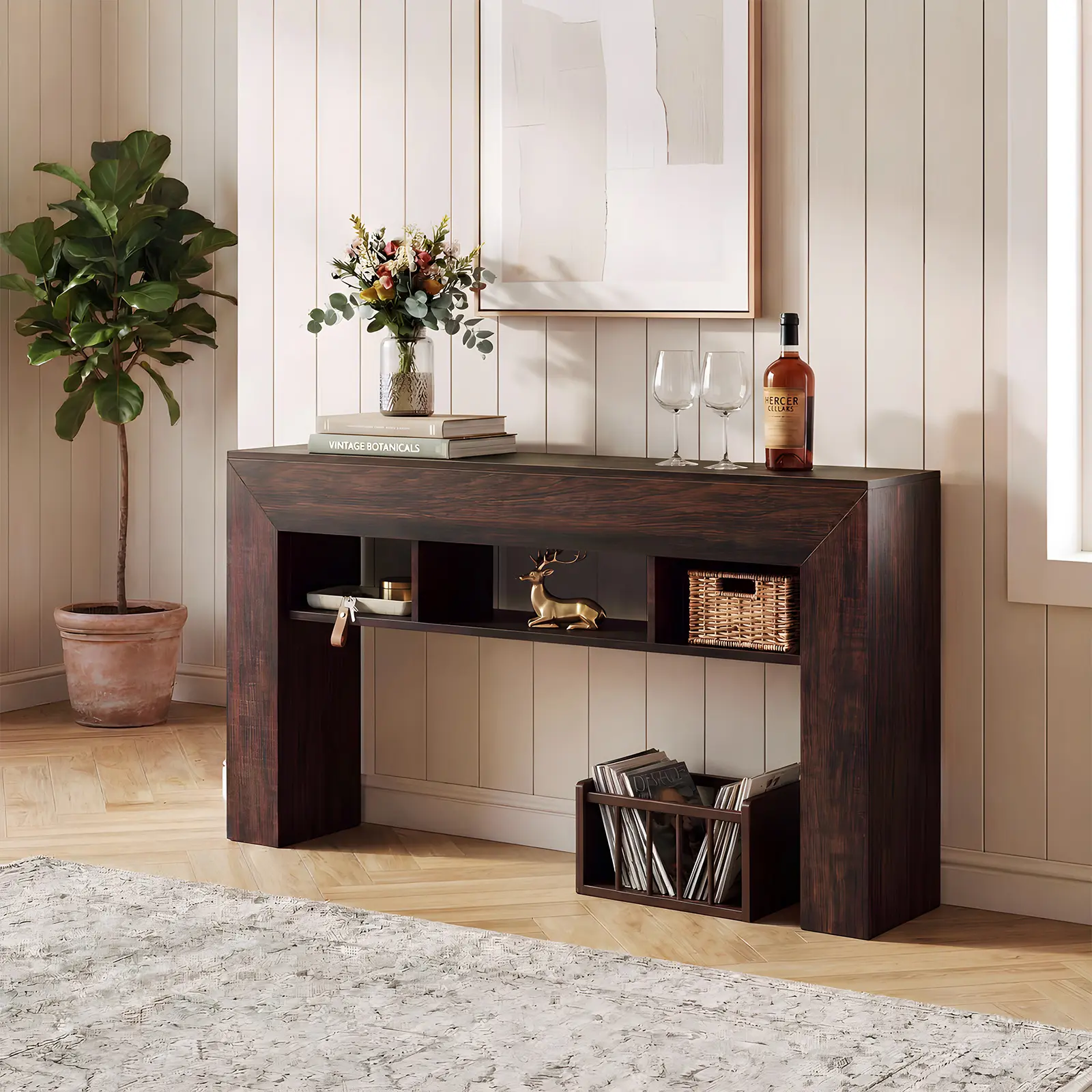63 Inch Long Farmhouse Console Table Only, Rustic Wood Grain Sofa Table with Multi-Tier Storage, Narrow Entryway Accent Table for Living Room, Hallway and Foyer, Brown