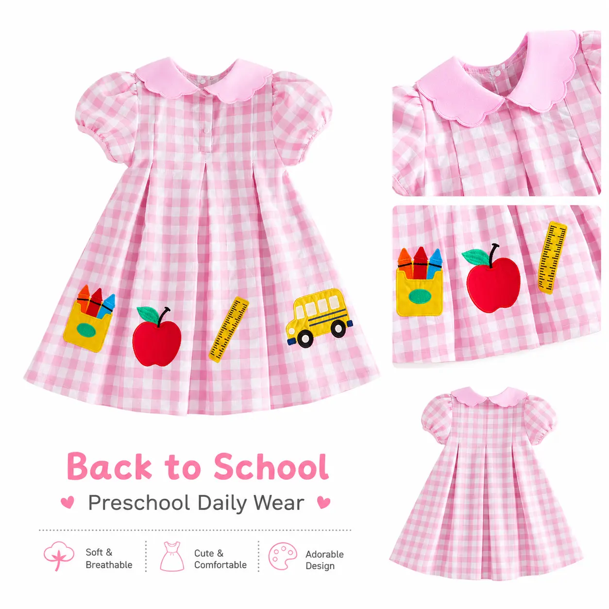 Toddler Baby Girl Back To School Pink Gingham Cotton Dress Puff Sleeve Scalloped Collar School Supplies Applique 1-6T Kids Preschool Casual Outfit