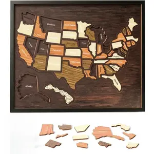 Wooden USA Travel Map Puzzle, United States Journey Tracker Maps Pin Board for Traveling with Elements Sticker, Couple Family Art Home Decor, Daily Travel Tracker Marking Gifts, Wood Puzzles