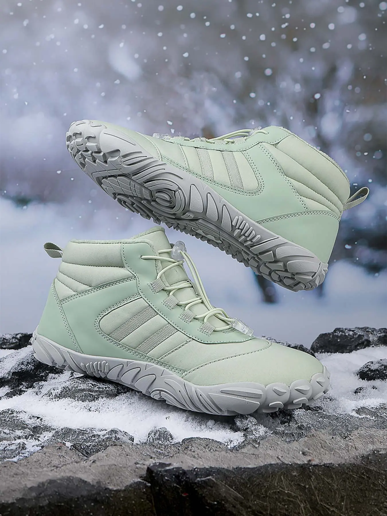 Men’s Fleece Lined Warm Barefoot Snow Boots, Wide Toe Box Zero Drop Quick Slip-On Lock Drawstring, Water Resistant Non-Slip Winter Ankle Boots for Commute & Trail Hiking