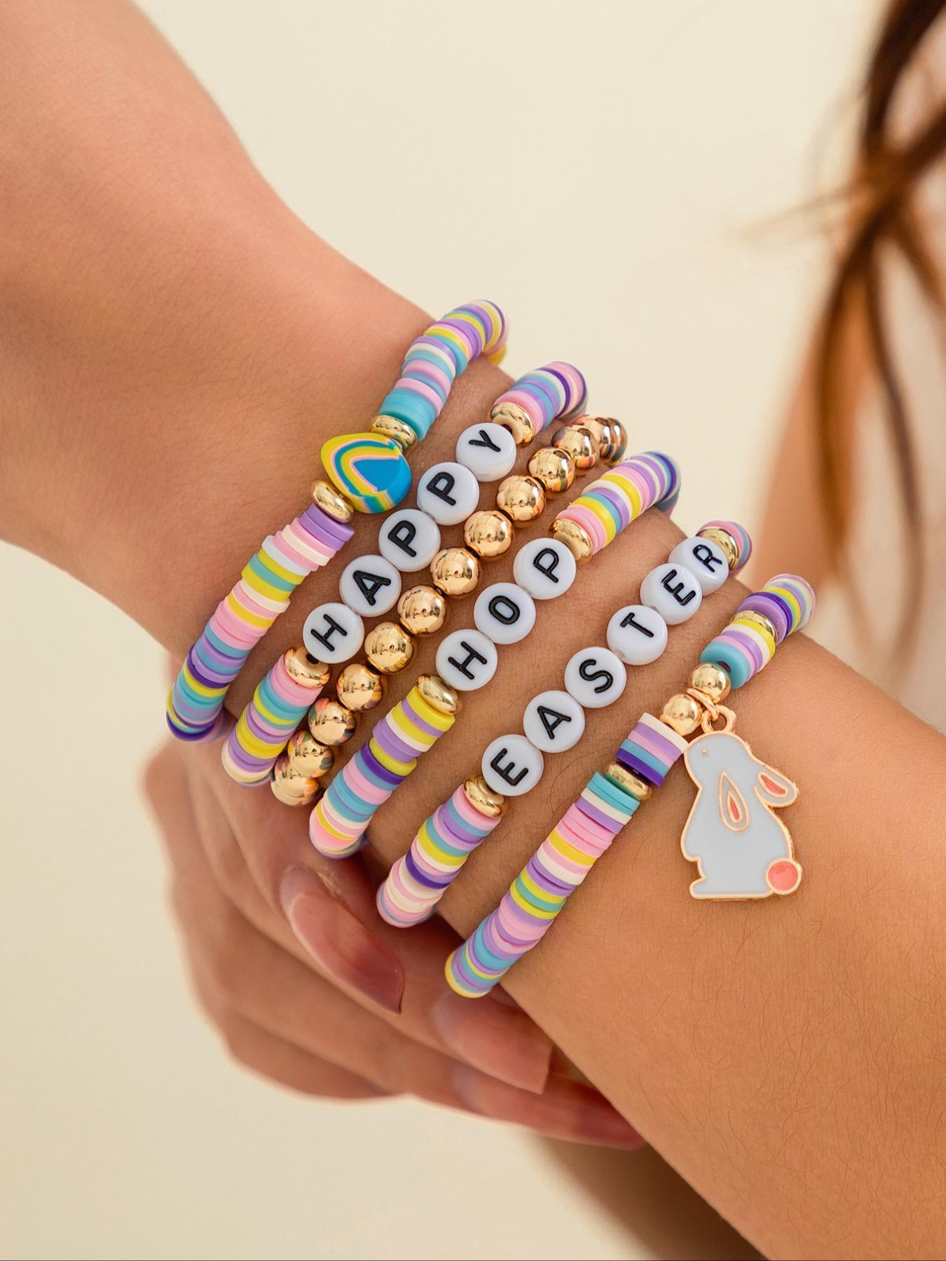 Fashion Easter Bunny Egg Pendant Bracelet Set, Colorful Soft Clay Letter Beads, Casual Daily Wear Jewelry Gift for All Seasons