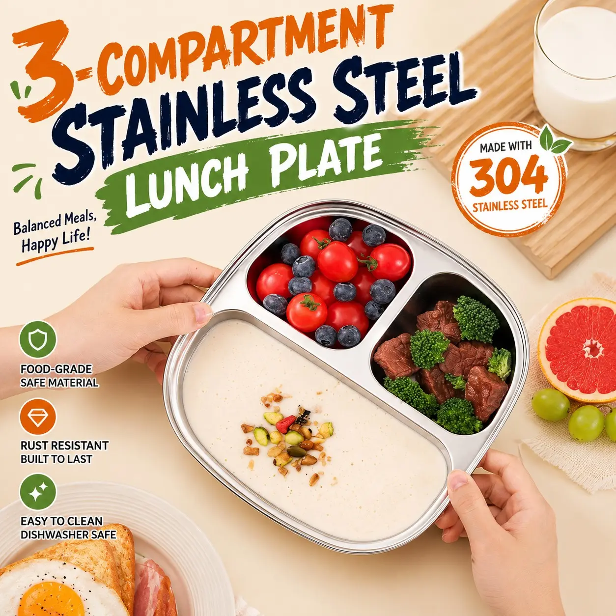 1 piece of 304 stainless steel three-compartment lunch plate, square thickened Meal Prep tray, Bento food compartment tray, rounded design at four corners, suitable for children's meals, kitchen meal prep, snacks and fruits, and family dining.