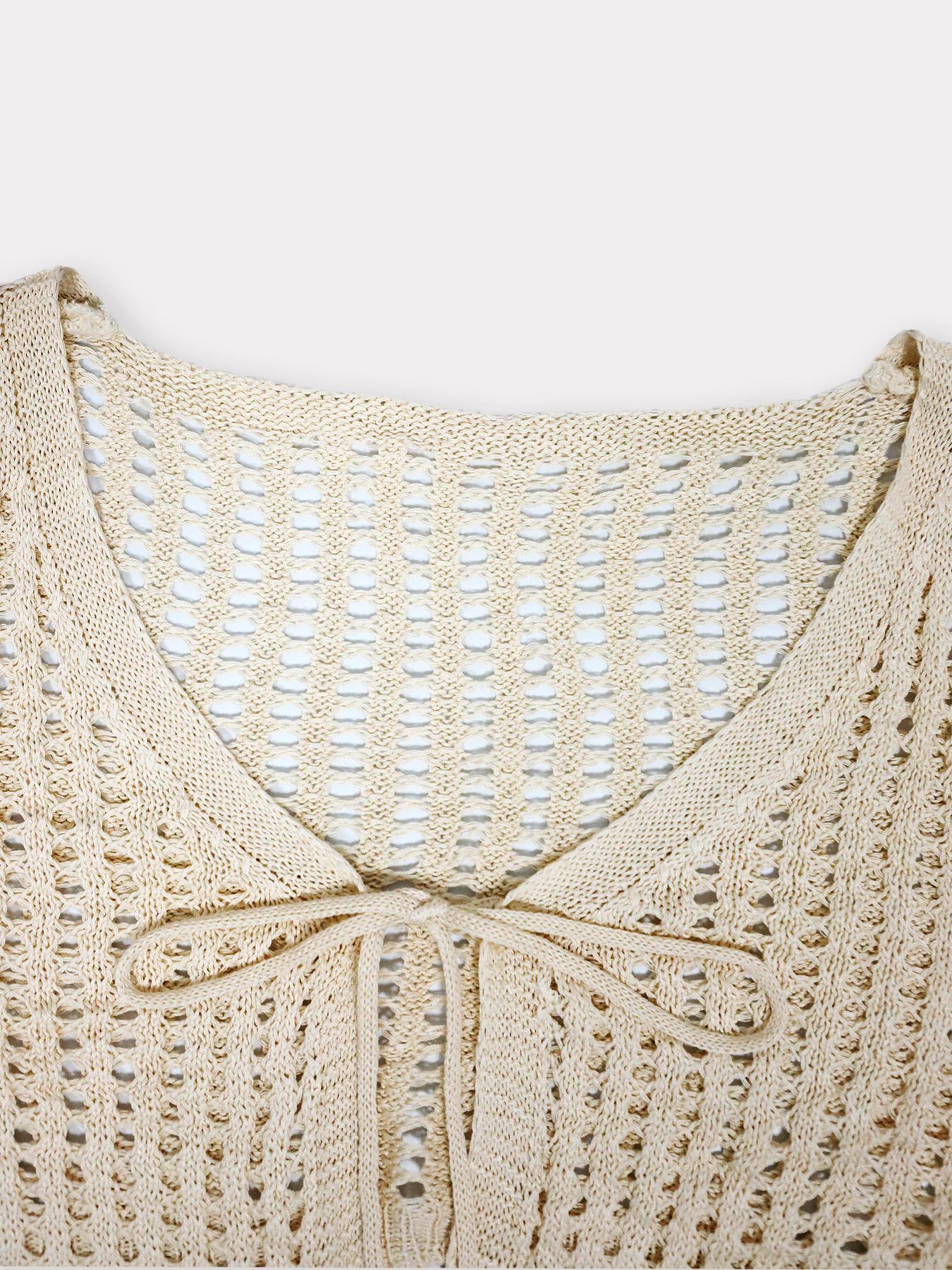 Women's Plain Hollow Out Tie Front Crop Cardigan, Casual Flounce Sleeve V Neck Cover Up Knitwear for Spring & Fall, Summer Outfits 2024, Women's Knit Clothing for Daily Wear