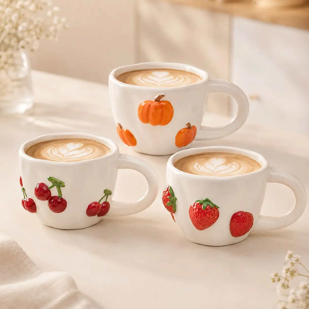 Creative Ceramic Coffee Mug 400ML, 3D Fruit Design Pumpkin Cherry Strawberry, Home Breakfast Cup, Gift Cup, Unique Kitchenware