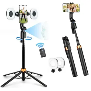 Adjustable Selfie Stick Tripod Stand, Compatible with Android/ iPhone, 360° Rotating Selfie Stick with Light, Smart Ai Face Tracking