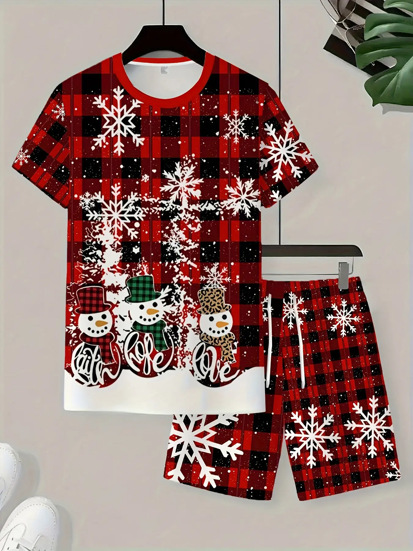 Men's Christmas Plaid Snowman Print T-Shirt Set, Blocks, Casual Short Sleeve, Holiday Party, Home Wear, Ideal Gift