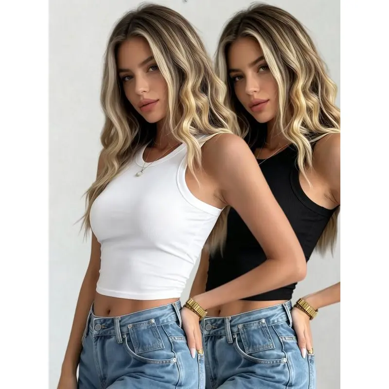 Women Ribbed High Neck Racerback Tank Top Sleeveless Stretch Crop Sports Top Gym Yoga Workout Athletic Vest