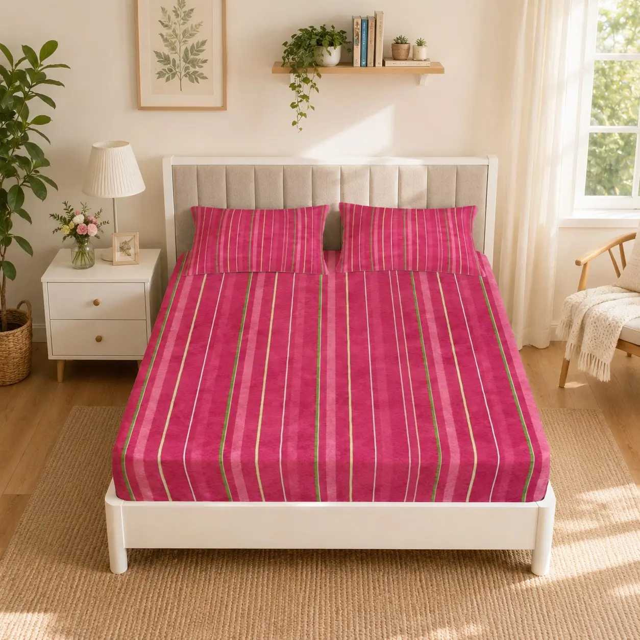 Macaron Striped Fitted Sheet Set, 3 Pcs (1 Fitted Sheet + 2 Pillowcases, No Inserts), Fresh and Sweet Style with Deep Pockets, Soft Breathable Microfiber Fabric, Perfect for Girls and Teens' Bedrooms, Great for Holiday and Birthday Gifting, Striped Sheets