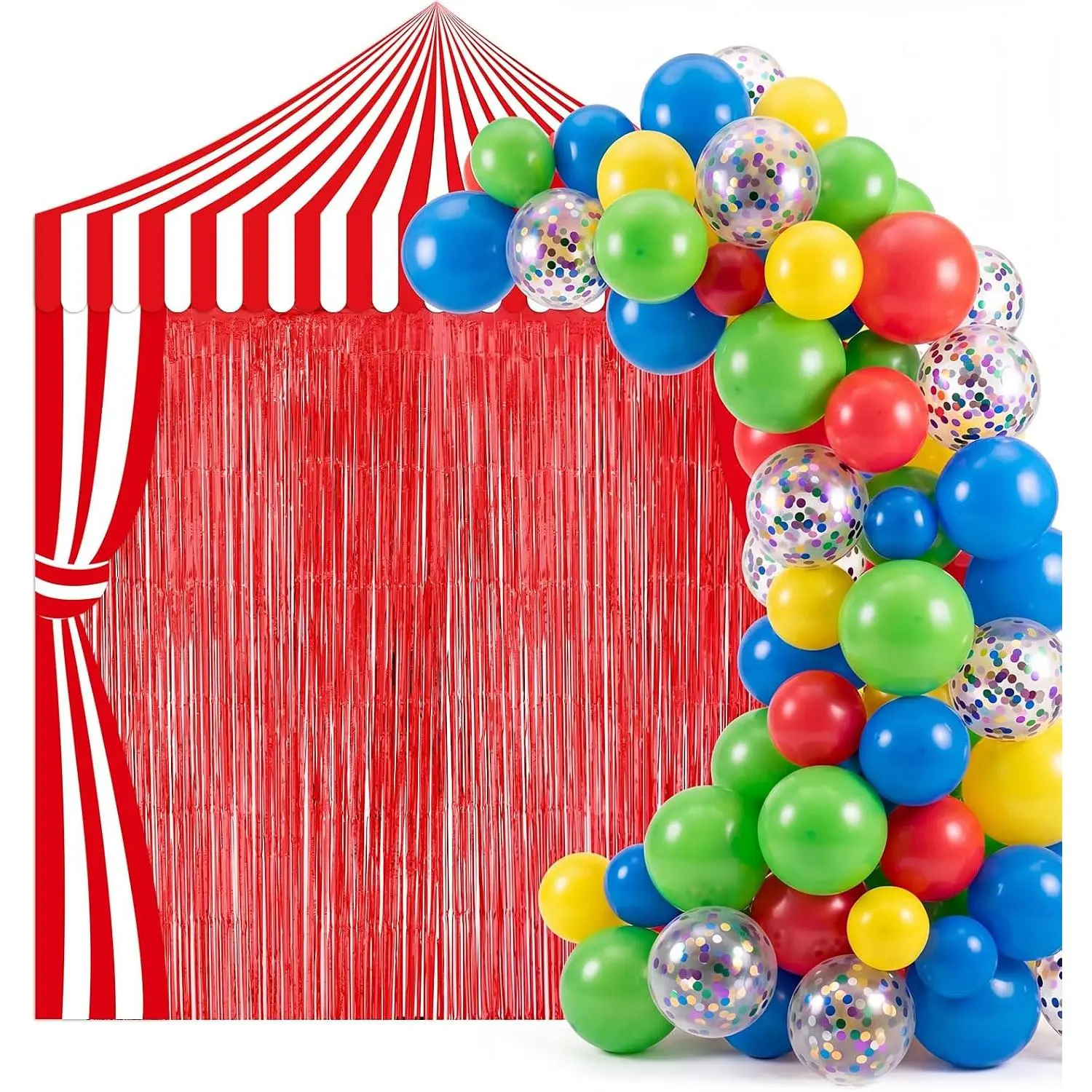 119 count Carnival Circus Party Decorations Set Red White Striped Backdrop Banner Foil Fringe Curtain Balloon Arch Kit, Carnival Circus Theme Supplies for Birthday Party, Event Celebration