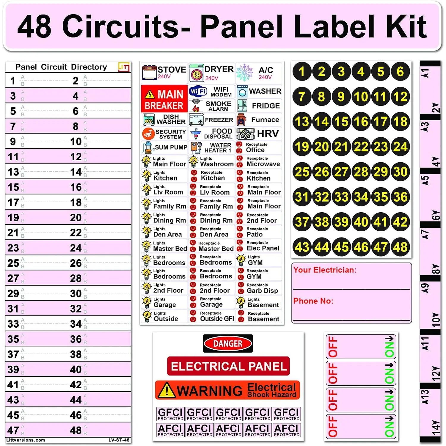 48 Circuits Bidirectional Breaker Directory Label Kit with Colored Icons & Panel Markers for  Electrical Panel  Adhesive Durable Vinyl