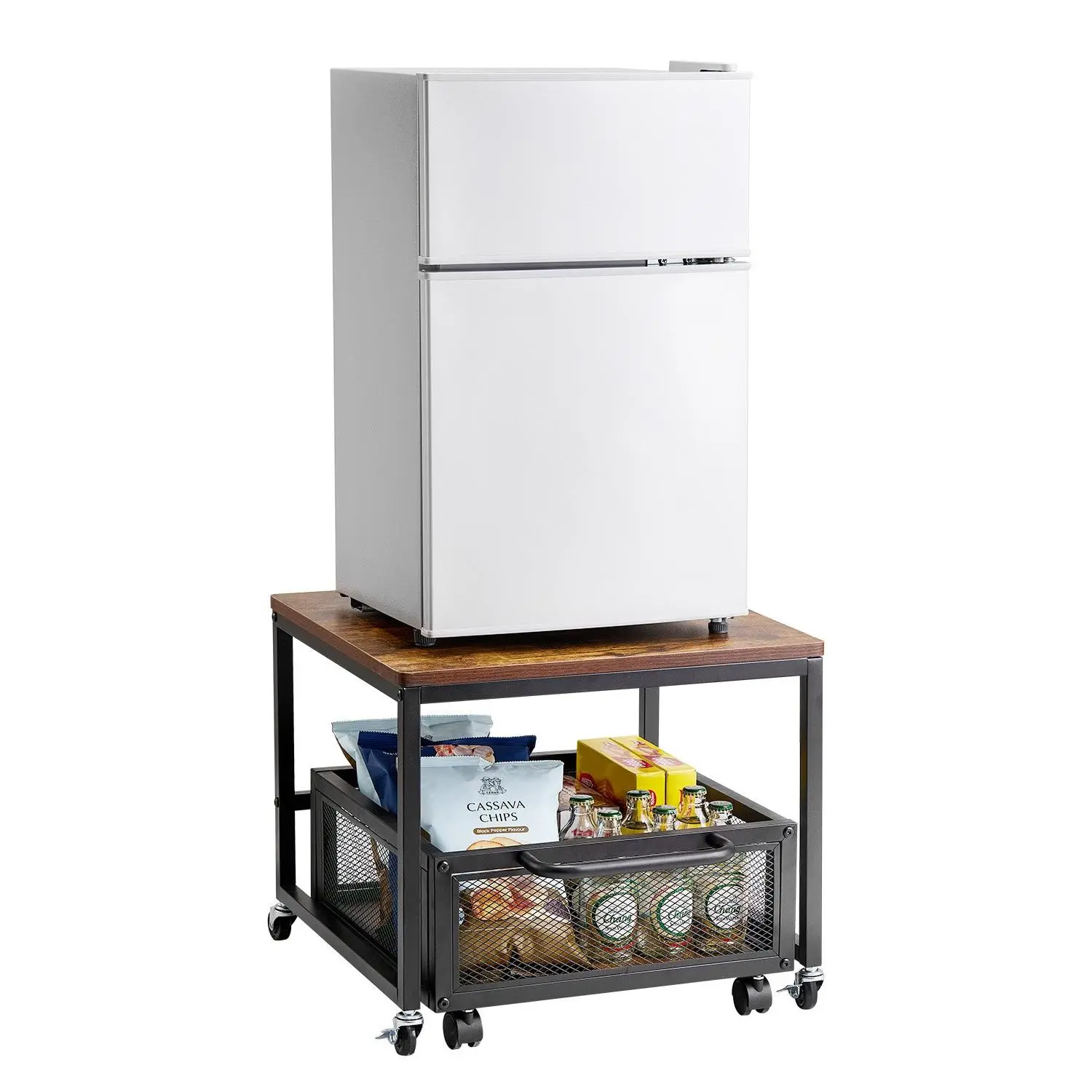 VEVOR Mini Fridge Stand with Storage, 198 lbs Mini Fridge Table with Movable Storage Cart Swivel Wheels, Beverage Refrigerator Stand for Coffee Bar, Mini Fridge Organizer for Home Dorm, Light Brown