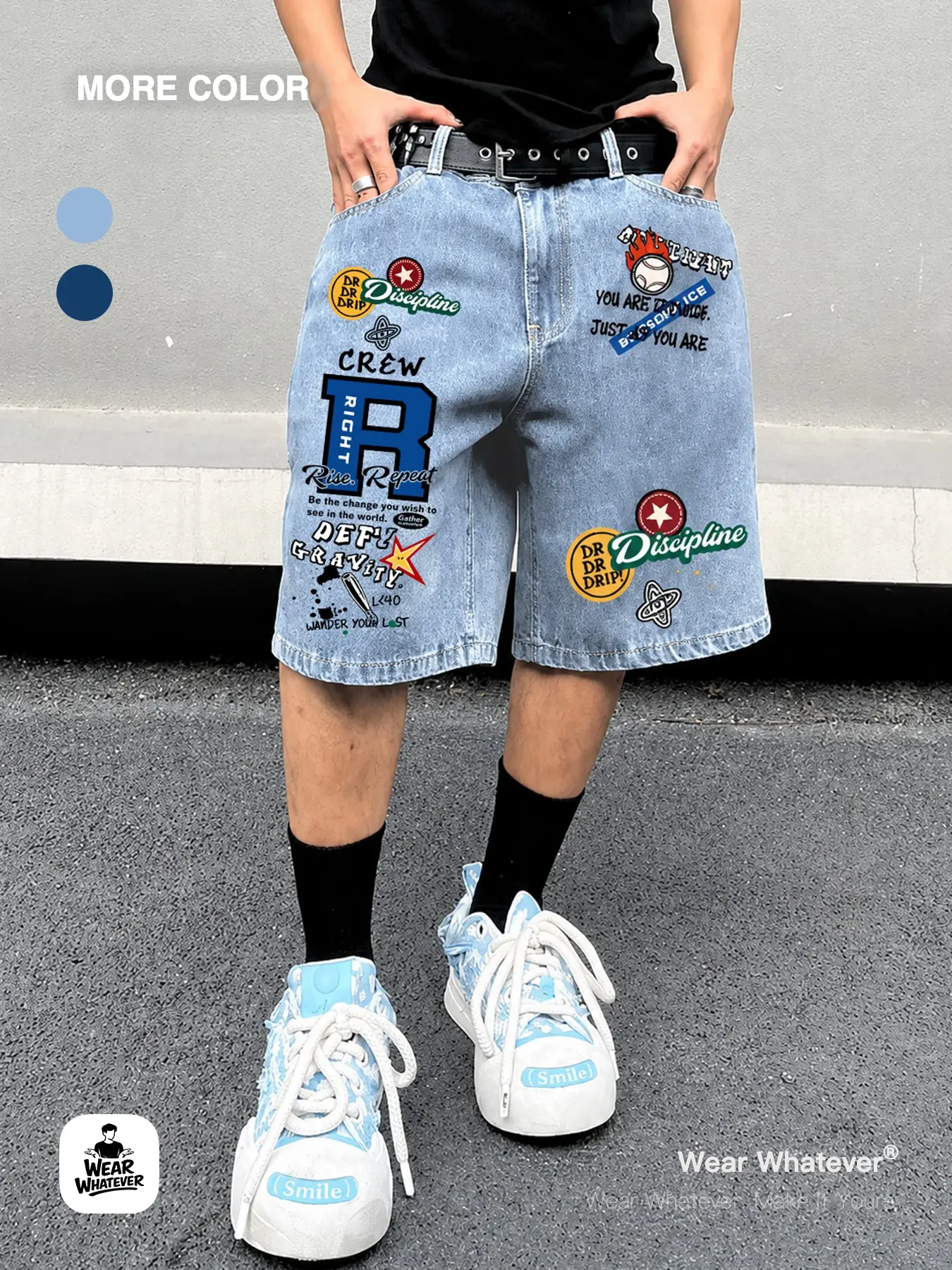Wear Whatever Unisex Sticker Patch Graphic Casual Relaxed Bermuda Denim Shorts, Washed Baggy Loose Knee Length Jean Shorts Bottoms with Varsity Badge Print for Streetwear, Summer Festival, Hip Hop and Casual Daily Outfits