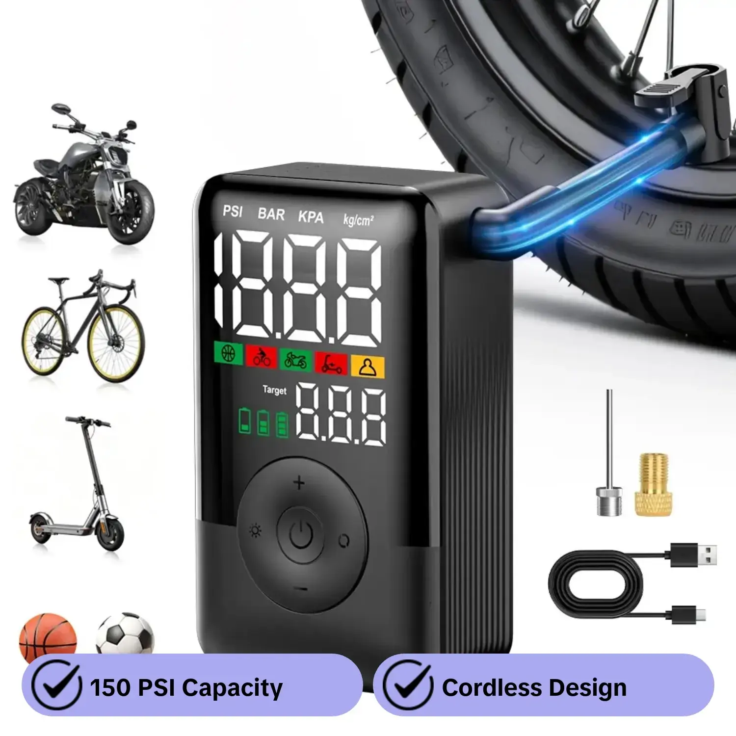 Portable Tire Inflator, Cordless Mini Air Compressor, 150 Psi Pressure Gauge, LED Lights, for Cars, Bikes, Motorcycles, Gifts, Digital Tire Inflator, Wireless Tire Inflator, Automobile Tire Inflator
